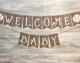 Baseball Baby Shower Banner, Welcome Baby Burlap Garland