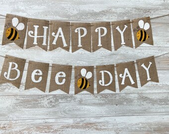 Happy Bee Day Burlap Banner, Bumble Bee Party Decoration