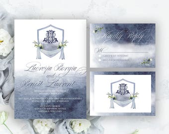Conjunto de invitaciones de boda en acuarela azul marino: escudo con monograma floral