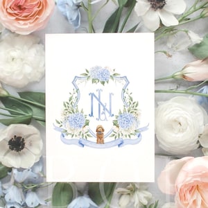Blue and White Hydrangea Wedding Crest | Monogram Crest | Periwinkle Hydrangea Crest | Watercolor Crest | Blue Hydrangea Wedding