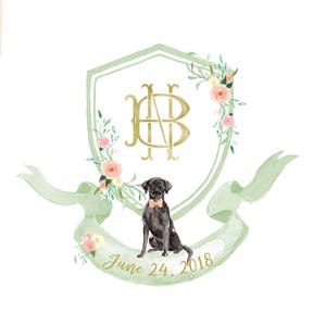 Pink and Light Green Wedding Crest | Monogram | Logo | Black Lab | Labrador retriever | Interlock monogram - Watercolor