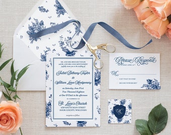 Chinoiserie Wedding Invitation Suite: Delft Blue Floral Design