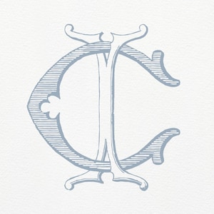 May include: A light blue monogram featuring the intertwined letters "C" and "I" in an elegant, vintage style. The design is set against a white background, with decorative flourishes.