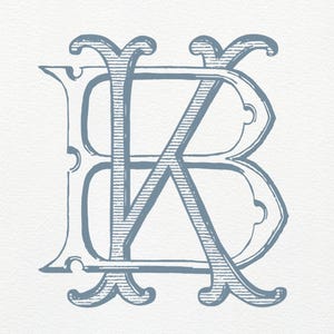 May include: A light blue monogram design featuring the letters "B" and "K" intertwined. The letters have an ornate, vintage style with decorative flourishes. The background is a textured, off-white color. The text "BLUE HARBOR PAPERIE" is at the bottom.
