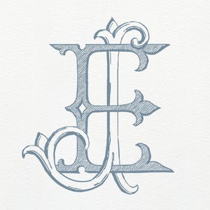 May include: A light blue monogram design featuring the intertwined letters "J" and "E". The letters are stylized with ornate flourishes and decorative elements, set against a white background. The design has a vintage, engraved appearance.