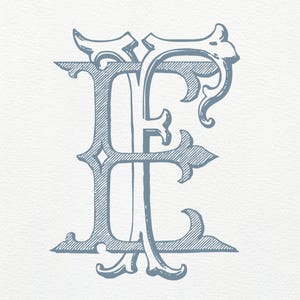 May include: A light blue monogram design featuring the intertwined letters "E" and "F". The elegant, vintage-style letters are intricately detailed with flourishes and decorative elements, set against a white background.