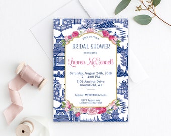 Chinoiserie Bridal Shower Invitation: Watercolor Floral, Blush Pink (Digital Option)