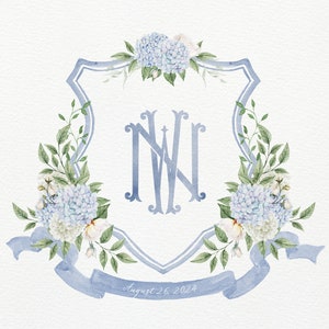 Blue and White Hydrangea Wedding Crest | Monogram Crest | Blue Hydrangea Crest | Watercolor Crest | Blue Hydrangea Wedding