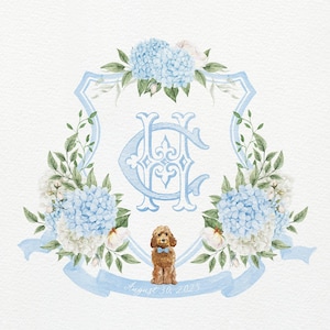 Light Blue and White Hydrangea Wedding Crest | Monogram Crest | Blue Hydrangea Crest | Watercolor Crest | Blue Hydrangea Weddings