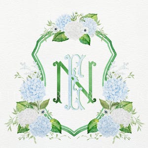 Kelly Green White Hydrangea Wedding Crest | Monogram Crest | Blue Hydrangea Crest | Watercolor Crest | Blue Hydrangea Wedding