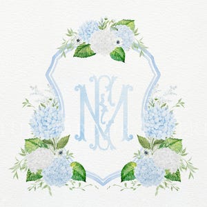 Light Blue and White Hydrangea Wedding Crest | Monogram Crest | Sky Blue Hydrangea Crest | Watercolor Crest | Blue Hydrangea Wedding