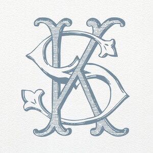 May include: A light blue monogram design featuring the intertwined letters 'K' and 'S' in an elegant, vintage style. The design includes decorative flourishes and is set against a white background, suitable for stationery or wedding invitations.