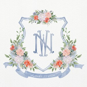 Orange and Blue Wedding Crest | Orange Pink and White Watercolor Monogram Crest | Blue Spring Wedding Duogram