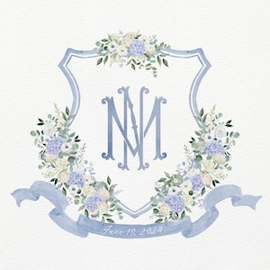 Blue and White Wedding | Blue Hydrangea Wedding Crest | Blue and White Watercolor Monogram Crest | Blue Hydrangeas Wedding Duogram