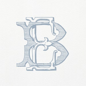 May include: A decorative, stylized, blue-grey letter B with intricate flourishes and a vintage aesthetic.