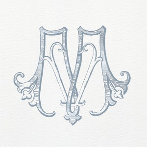 May include: A vintage-style monogram featuring the letter "M" in a decorative, ornate font. The letter is rendered in a light blue color and has a textured, hand-drawn appearance.