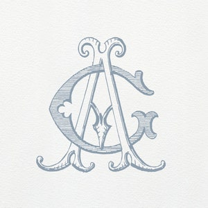 May include: A blue and white monogram featuring the letters "A" and "C" intertwined. The letters are in a decorative, stylized font.