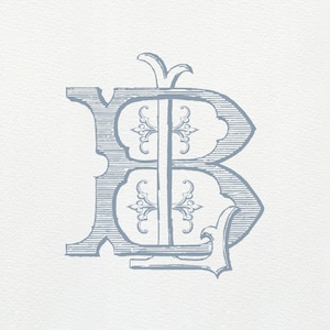 May include: A blue and white decorative initial "B" with ornate flourishes. The letter is stylized with a vintage, calligraphic design.