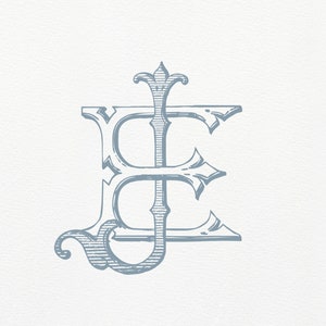 May include: A blue and white monogram with the letters "JE" in a decorative, stylized font.