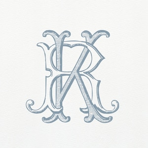 Könnte beinhalten: Ein blaues und weißes Monogramm mit dem Buchstaben "R" in einer dekorativen, stilisierten Schrift.