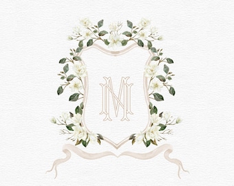 Magnolia Watercolor Crest Monogram | Magnolia Wedding Logo | Magnolia Wedding Crest - Shield - Watercolor Monogram Crest Ribbon