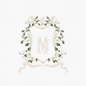 Magnolia Watercolor Crest Monogram | Magnolia Wedding Logo | Magnolia Wedding Crest - Shield - Watercolor Monogram Crest Ribbon