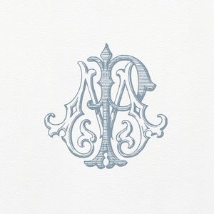 May include: A blue and white monogram with the letters "M" and "P" intertwined in a decorative, ornate design.