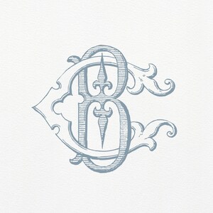 May include: A blue and white monogram with the letters "B" and "C" intertwined. The letters are in a decorative, stylized font with flourishes.