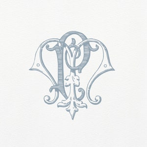 May include: A light blue monogram design featuring the intertwined letters "P" and "M". The design has an ornate, vintage style with decorative flourishes and a symmetrical layout. The background is a textured off-white.