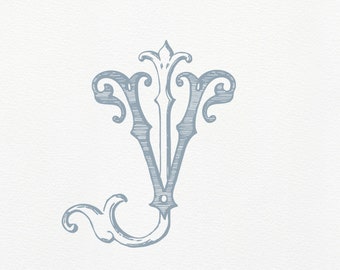 May include: A blue, stylized, decorative letter V with ornate flourishes.