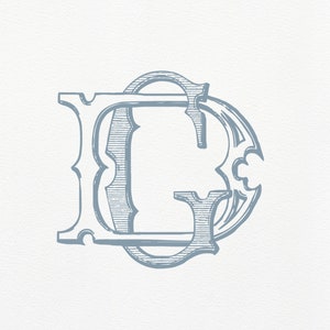 Peut inclure: Un monogramme bleu et blanc avec les lettres "DG" entrelacées dans un style décoratif vintage.