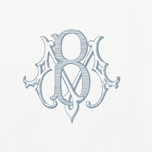 May include: A blue monogram with the letters "MB" intertwined in a decorative, ornate design.