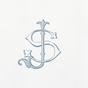 Könnte beinhalten: Ein stilisiertes Monogramm der Buchstaben "JS" in blaugrau. Die Buchstaben sind ineinander verschlungen und haben oben eine dekorative Verzierung.