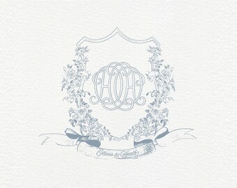 Vintage Blumen Hochzeitswappen: Blaues Monogramm Logo (Digitaler Download)