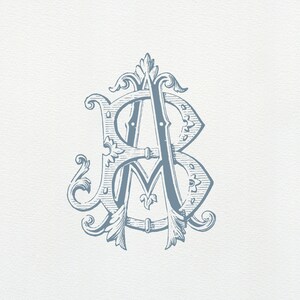 Könnte beinhalten: Ein blaues und weißes Monogramm mit den Buchstaben "AB", die ineinander verschlungen sind. Die Buchstaben sind in einer dekorativen, verzierten Schriftart mit Schnörkeln und Wirbeln.