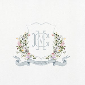 Cresta de boda de acuarela floral de primavera azul francés / Logotipo de monograma / Monograma entrelazado 2 letras / Cresta de perro / Cresta de flores de primavera