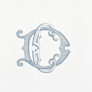 May include: A blue and white monogram with the letters "C" and "D" intertwined. The letters are in a decorative, stylized font.