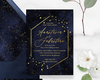 Celestial Wedding Invitation Suite - Navy Blue Watercolor  - Starry Night Invitation - Starry Night Wedding - Gold Stars Invitation