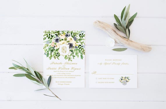 Flowers Calligraphy Navy Blue Watercolor Floral Wedding Invitation Suite Maura Suite ranunculus peonies Greenery