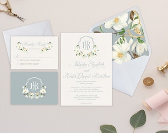 Dusty Blue Magnolia Watercolor Wedding Invitation Suite (Digital)