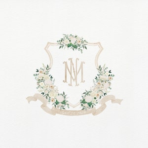 Escudo de boda en acuarela: logotipo con monograma floral (descarga digital)