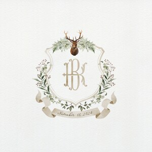 Rustic Deer Watercolor Wedding Crest | Greenery Monogram Wedding Shield | Deer Stag Wedding Crest
