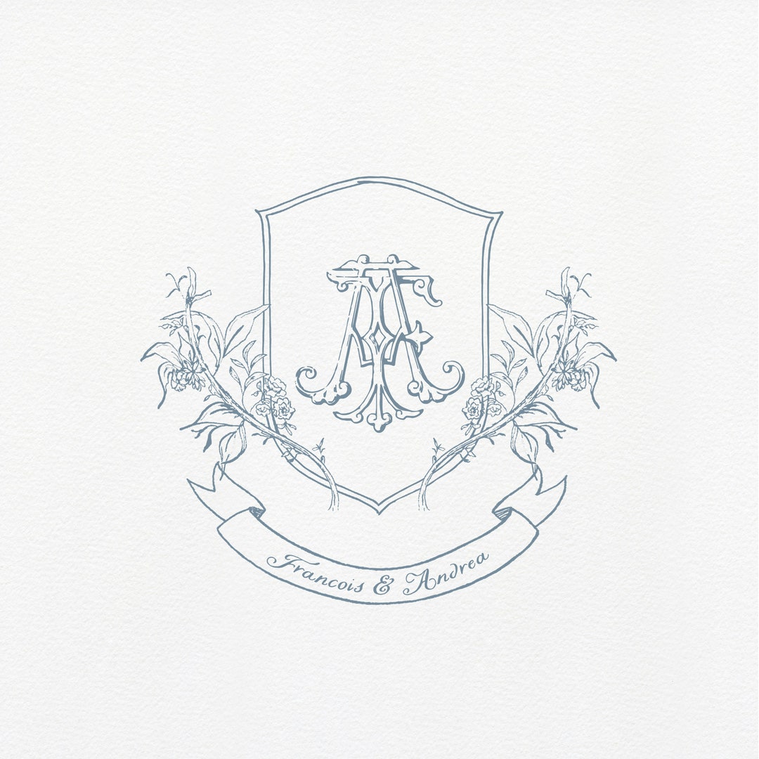 Vintage Floral Wedding Crest: Sketched Monogram Logo (digital PNG ...