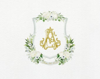 Anemone Wedding Crest Monogram | Watercolor Greenery Wedding