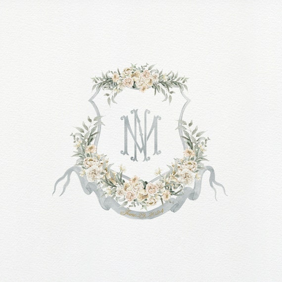 Blue and White Watercolor Wedding Crest Monogram Interlock 