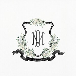 Watercolor Wedding Crest: Black and White Monogram Logo (Digital Download)
