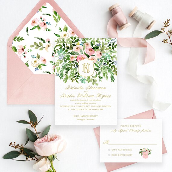 Flowers Calligraphy Navy Blue Watercolor Floral Wedding Invitation Suite Maura Suite ranunculus peonies Greenery