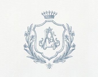 Vintage Crown Floral Monogram Wedding Crest - Etsy