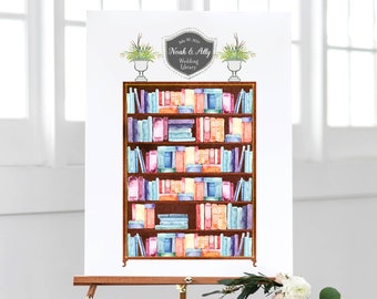 May include: A watercolor illustration of a bookshelf filled with colorful books. The bookshelf is brown with gold accents. The text above the bookshelf reads "Noah & Ally Wedding Library July 20, 2023".