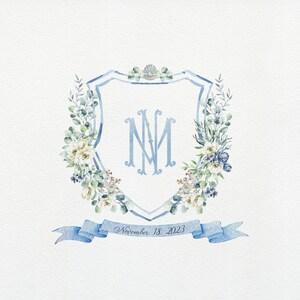 Escudo de boda playero en acuarela: Monograma de concha marina (archivo digital)